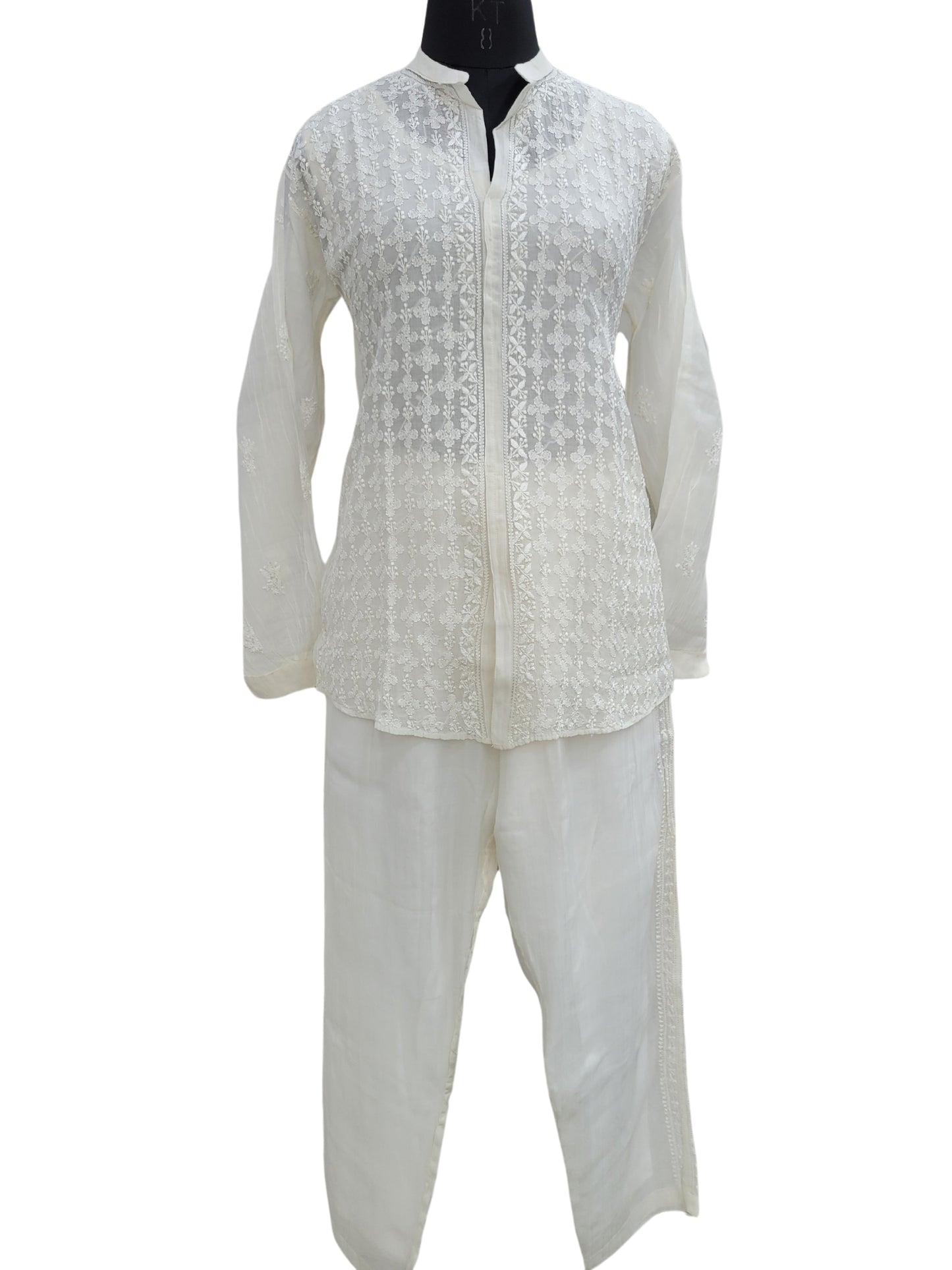 Shyamal Chikan Hand Embroidered White Mul Chanderi Lucknowi Chikankari Shirt and Pant Set - S23943