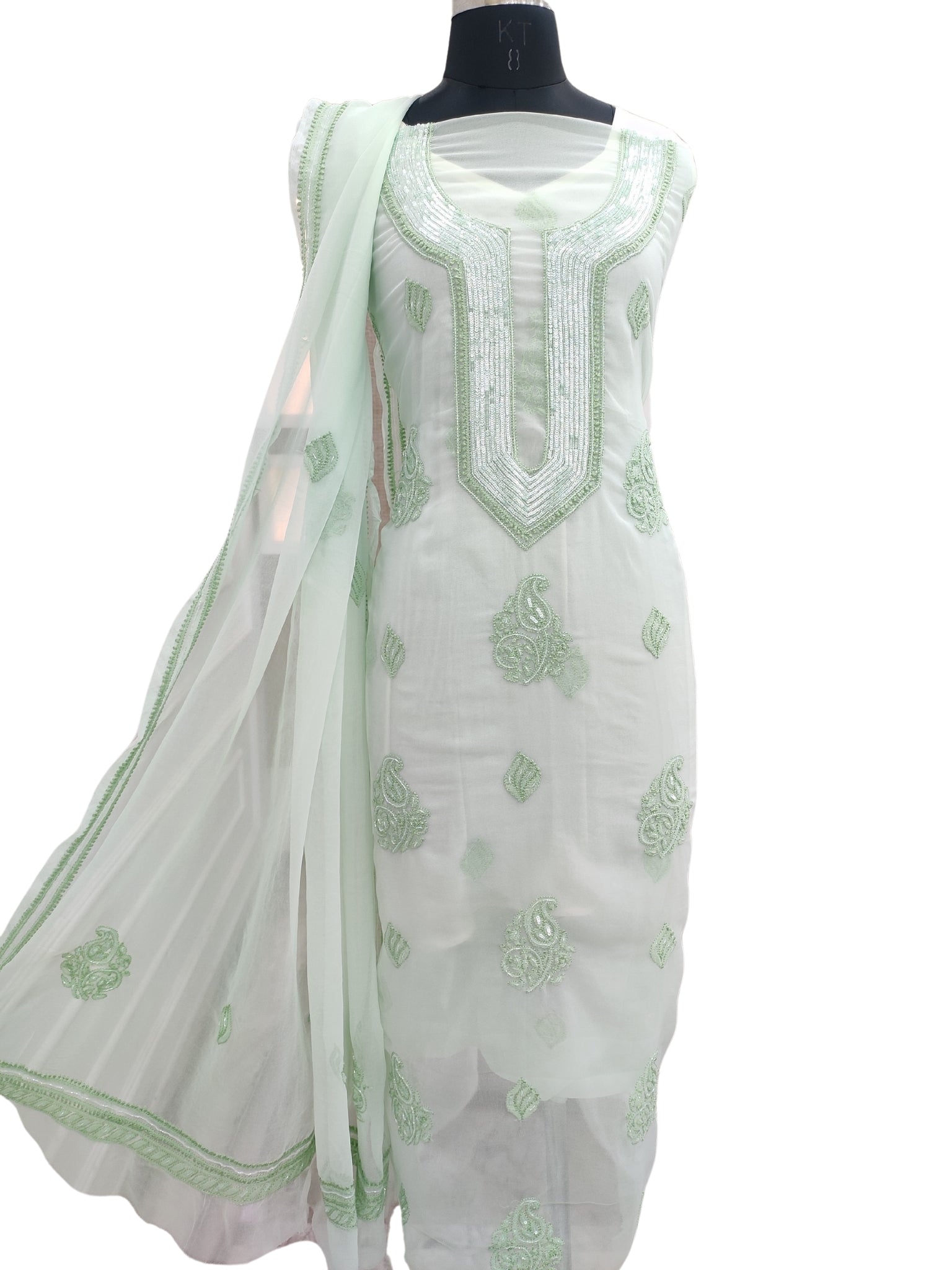 Shyamal Chikan Hand Embroidered Green Georgette Lucknowi Chikankari Unstitched Suit Piece With Cutdana & Sequin Work - S24378