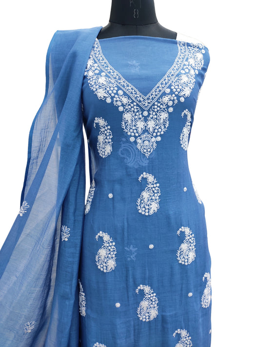 Shyamal Chikan Hand Embroidered Peacock Blue Mul Chanderi Lucknowi Chikankari Unstitched Suit Piece (Kurta Dupatta Set) - S22860