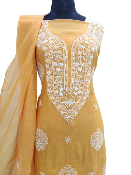 Shyamal Chikan Hand Embroidered Golden Yellow Mul Chanderi Lucknowi Chikankari Unstitched Suit Piece with Cutdana & Sequin Work (Kurta Dupatta Set) - S24433