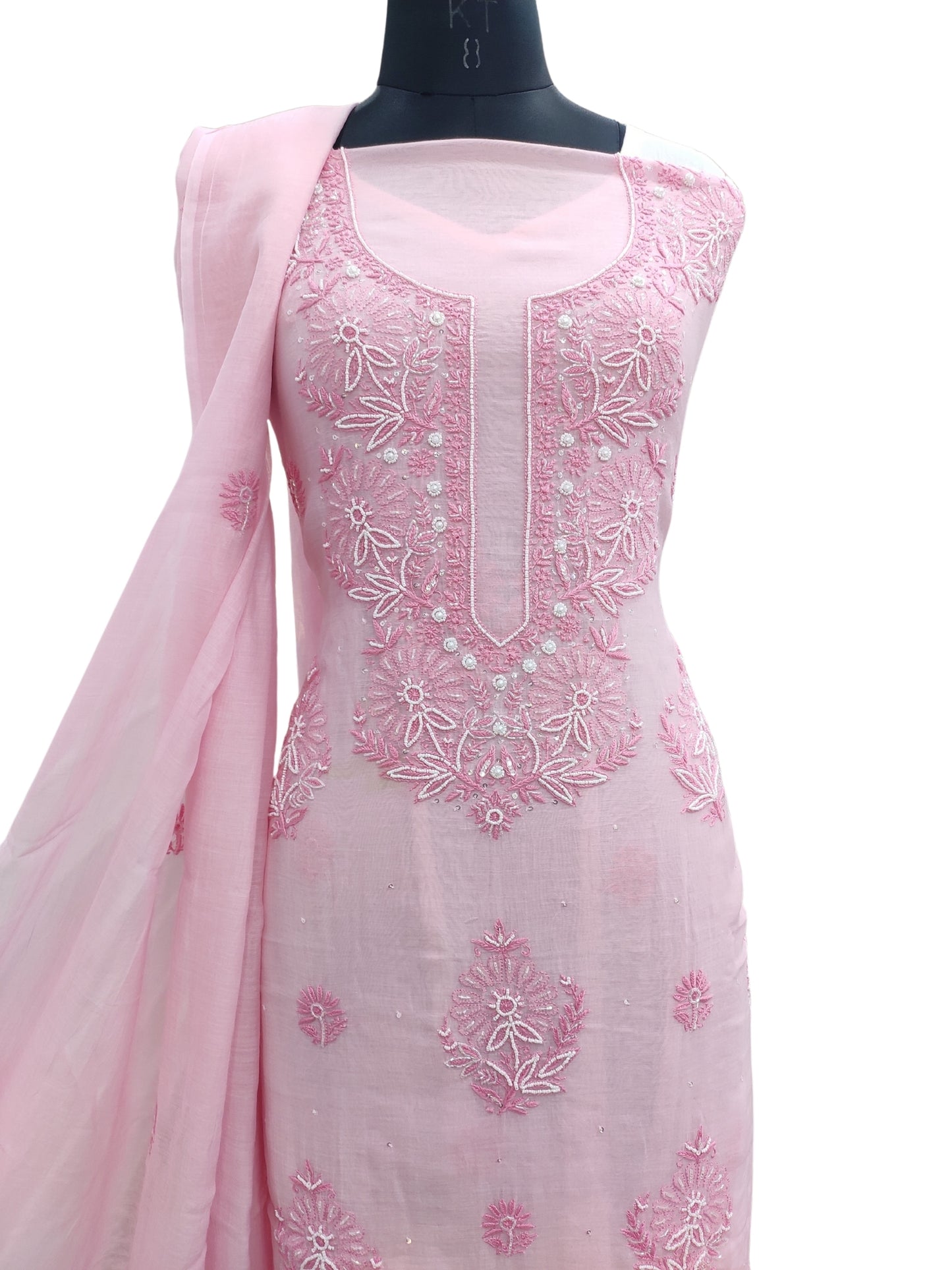 Shyamal Chikan Hand Embroidered Pink Mul Chanderi Lucknowi Chikankari Unstitched Suit Piece with Cutdana & Sequin Work (Kurta Dupatta Set) - S22876