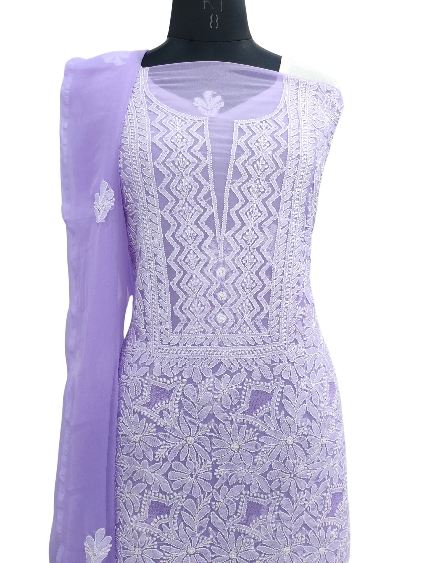 Shyamal Chikan Hand Embroidered Purple Georgette Lucknowi Chikankari Unstitched Suit Piece With Jaali Work - 24045