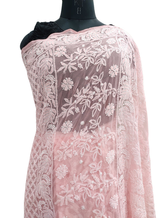 Shyamal Chikan Hand Embroidered Peach Georgette Lucknowi Chikankari Shoulder Jaal Saree With Blouse Piece - S21939