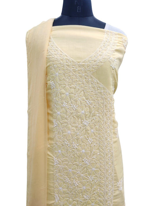 Shyamal Chikan Hand Embroidered Yellow Cotton Lucknowi Chikankari Unstitched Angrakha Style Suit Piece- S21836