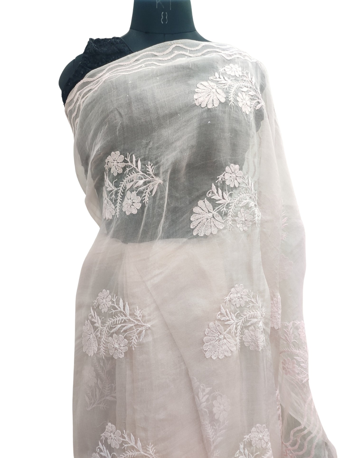 Shyamal Chikan Hand Embroidered Peach Pure Organza Lucknowi Chikankari Saree With Blouse Piece  - 23548