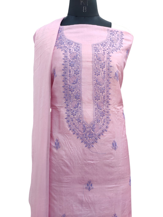 Shyamal Chikan Hand Embroidered Pink Pure Tusser Silk Lucknowi Chikankari Unstitched Suit Piece (Kurta Dupatta Set) - S24547