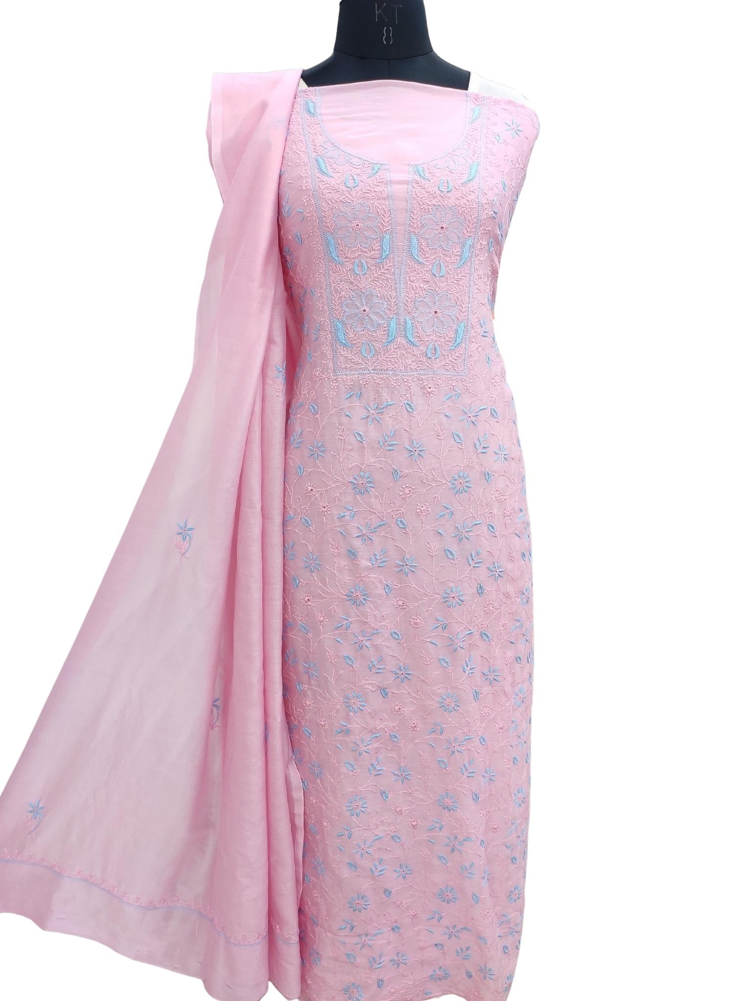 Shyamal Chikan Hand Embroidered Pink Chanderi Silk Lucknowi Chikankari Unstitched Suit Piece ( Kurta Dupatta Set ) - S20929
