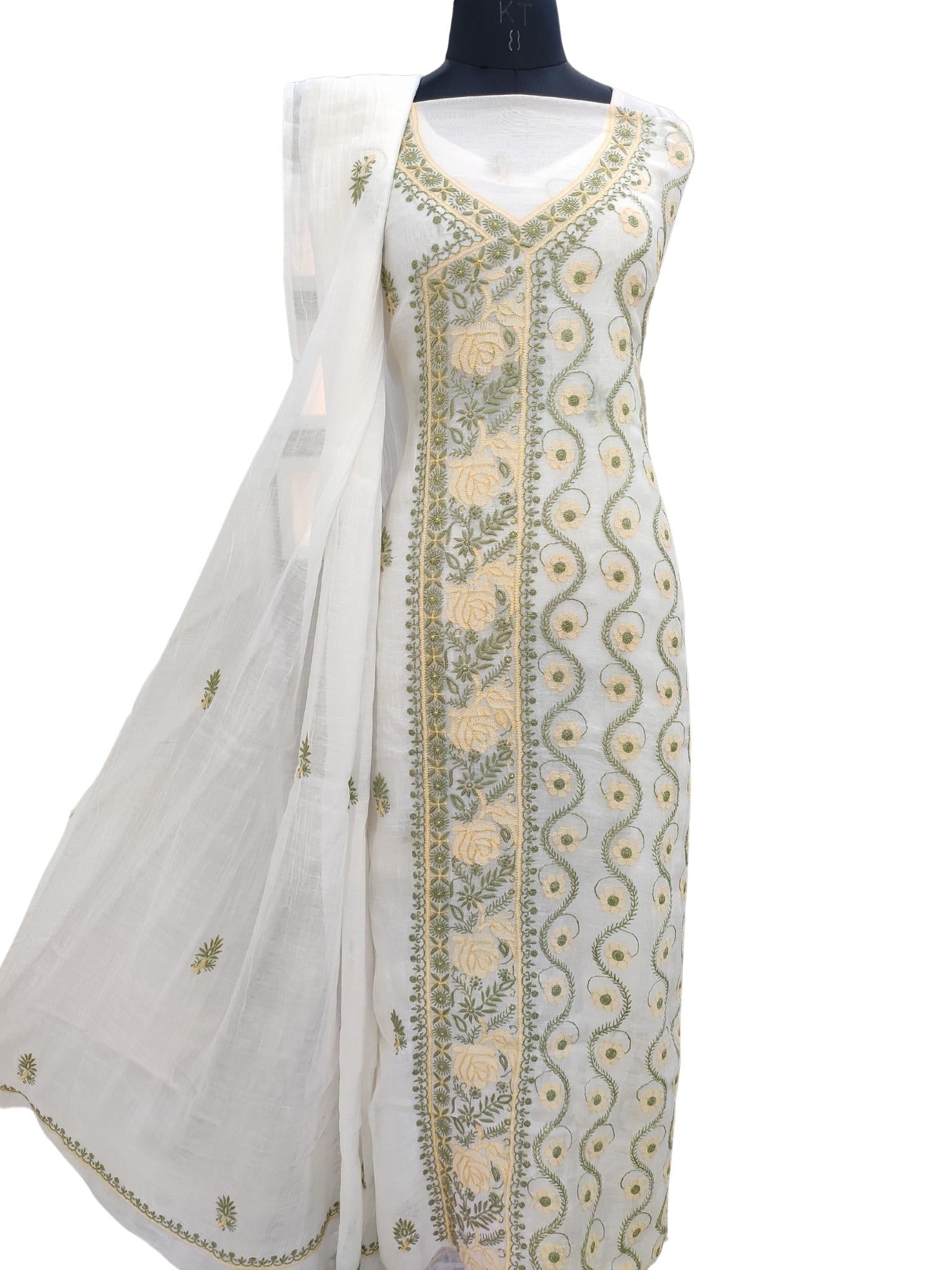 Shyamal Chikan Hand Embroidered White Mulmul Chanderi Lucknowi Chikankari Unstitched Suit Piece ( Kurta Dupatta Set ) - S20973
