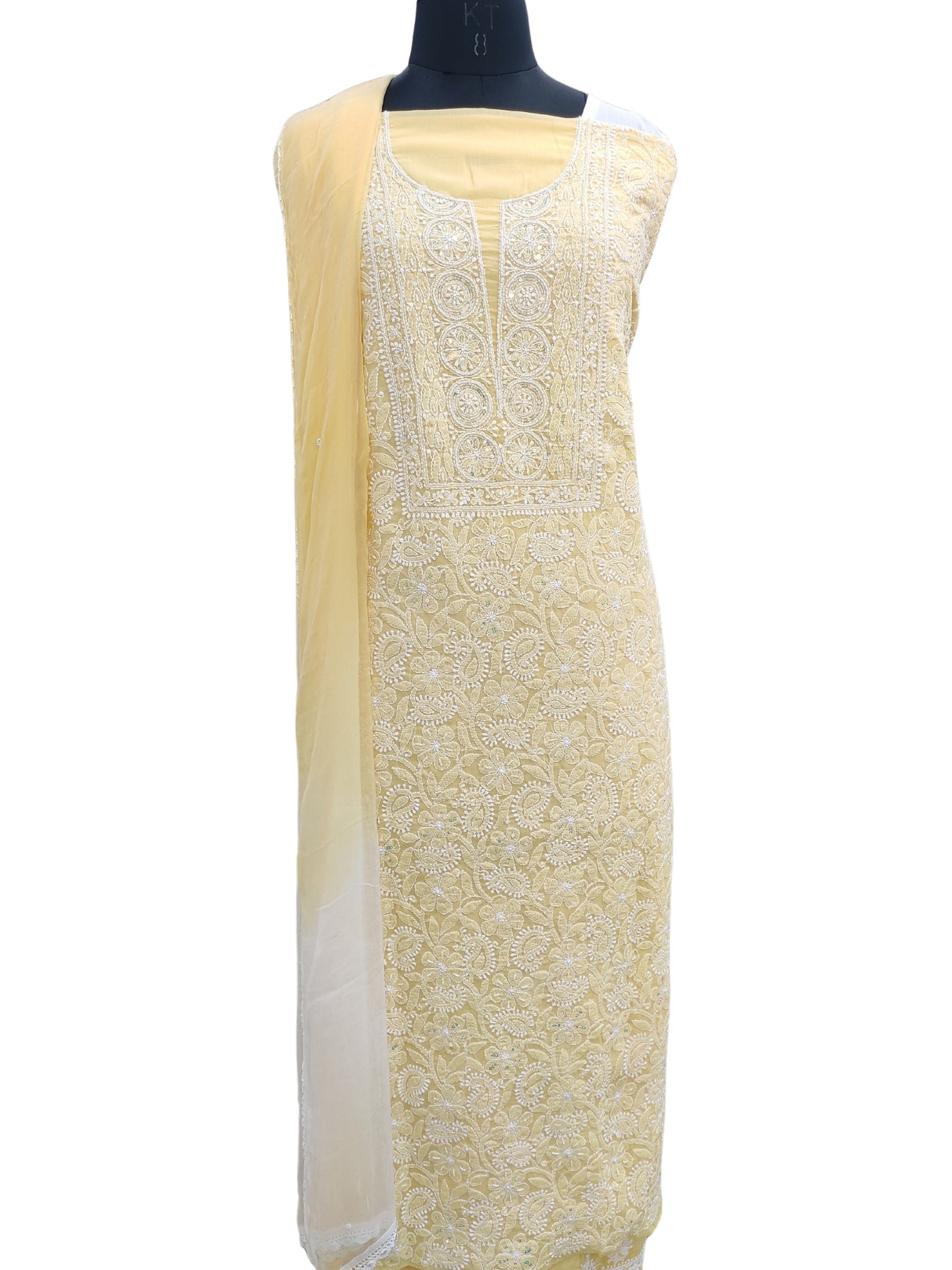 Shyamal Chikan Hand Embroidered Yellow Cotton Lucknowi Chikankari Unstitched Suit Piece With Pearl Sequin & Cutdana Work 24316