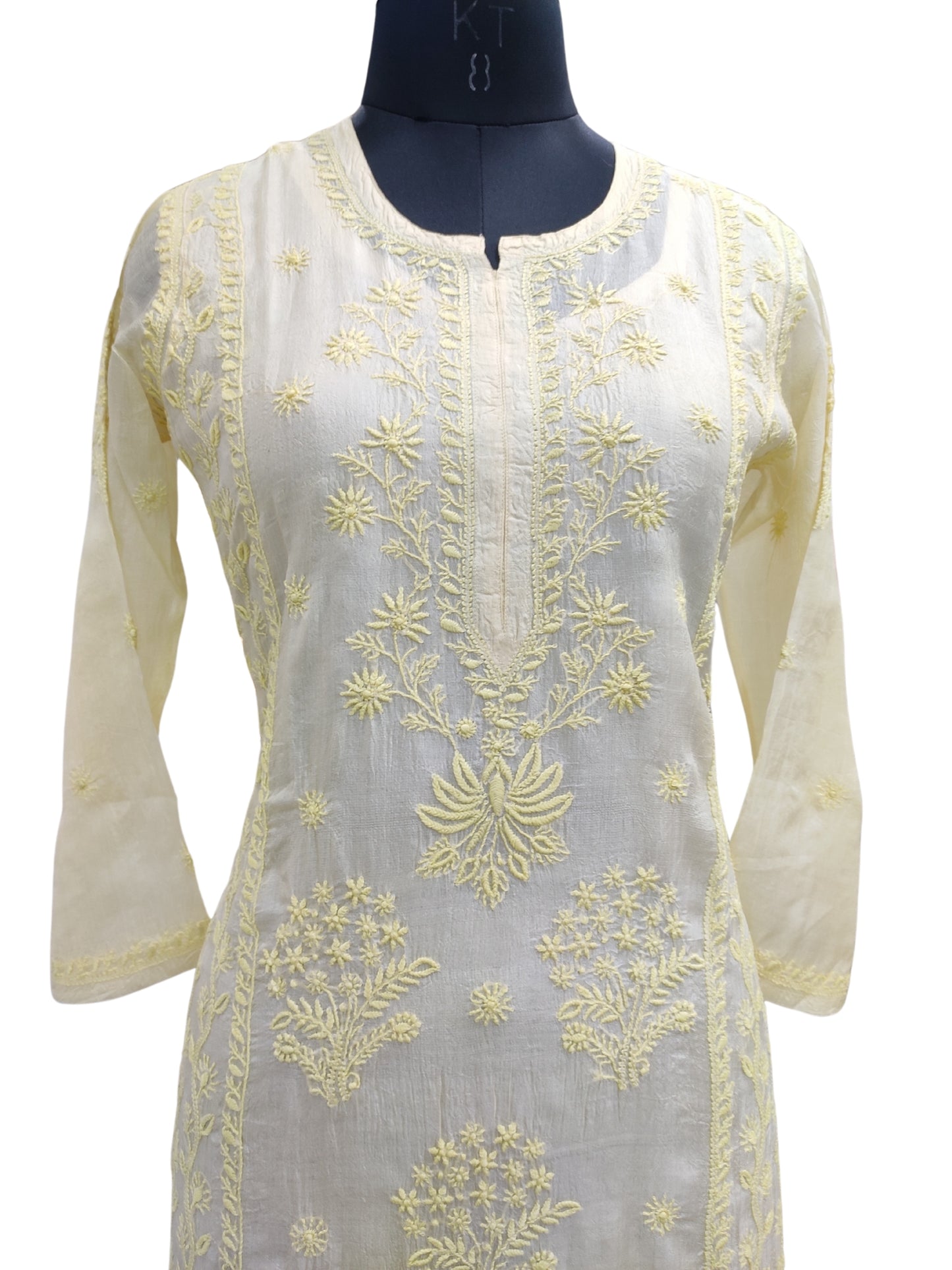 Shyamal Chikan Hand Embroidered Yellow Pure Tusser Silk Lucknowi Chikankari Kurti- S25563