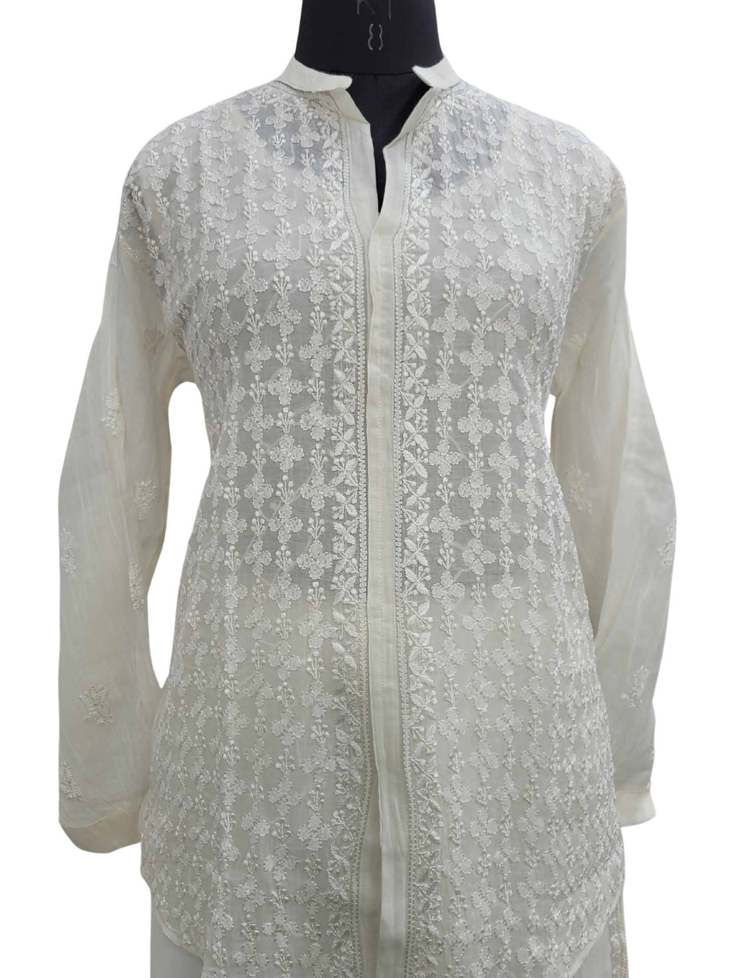 Shyamal Chikan Hand Embroidered White Mul Chanderi Lucknowi Chikankari Shirt and Pant Set - S23943