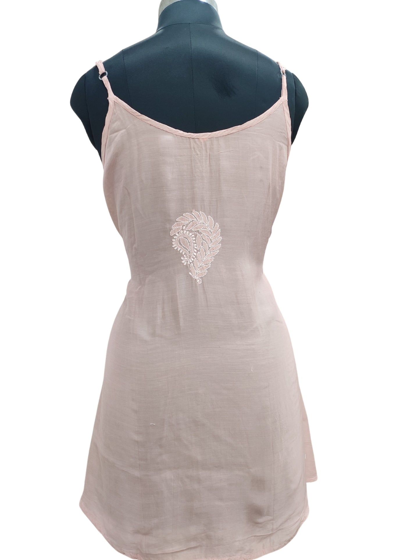 Shyamal Chikan Hand Embroidered Peach Muslin Noodle Strap Lucknowi Chikankari Short Top - S24848