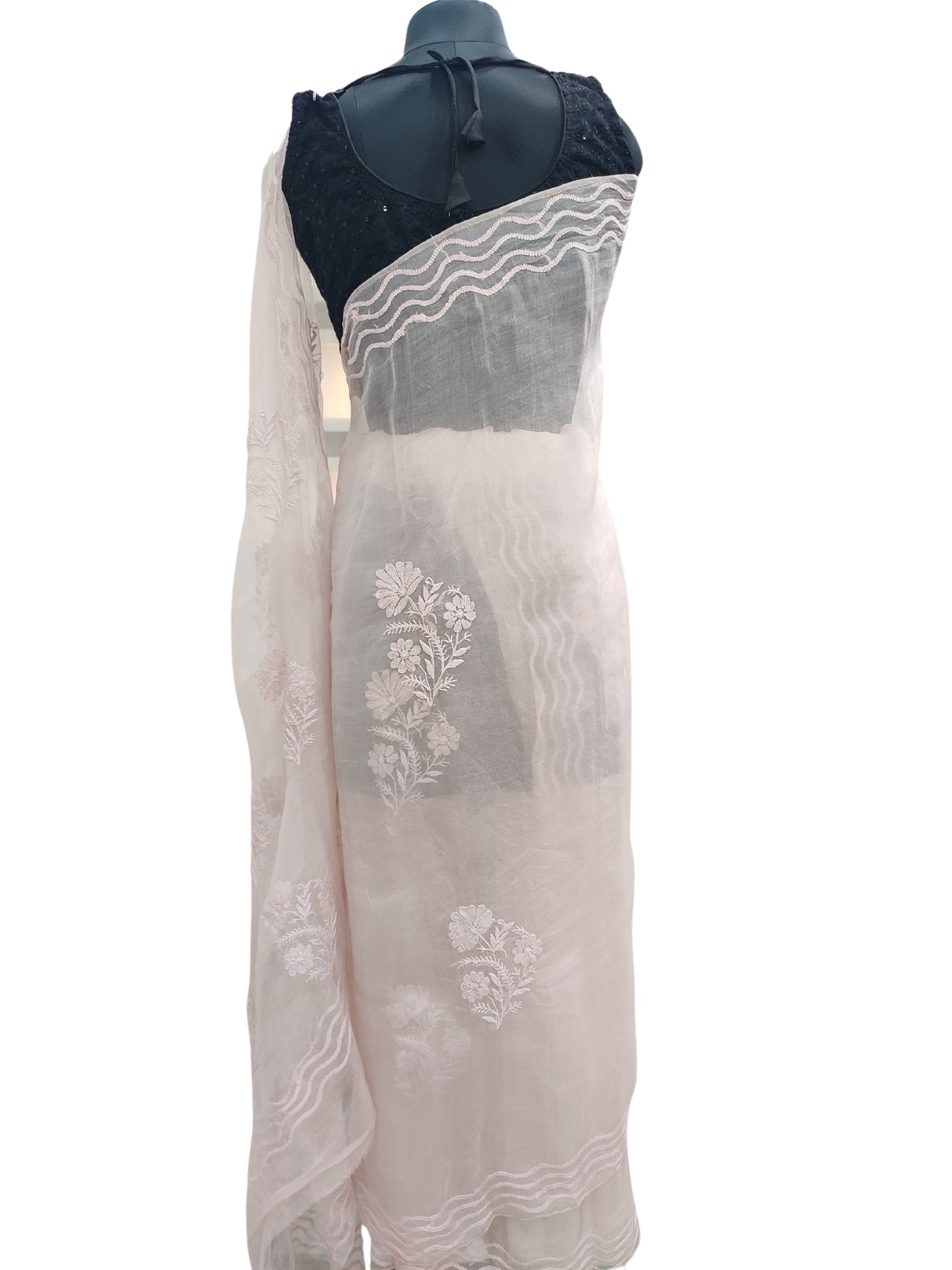 Shyamal Chikan Hand Embroidered Peach Pure Organza Lucknowi Chikankari Saree With Blouse Piece  - 23548