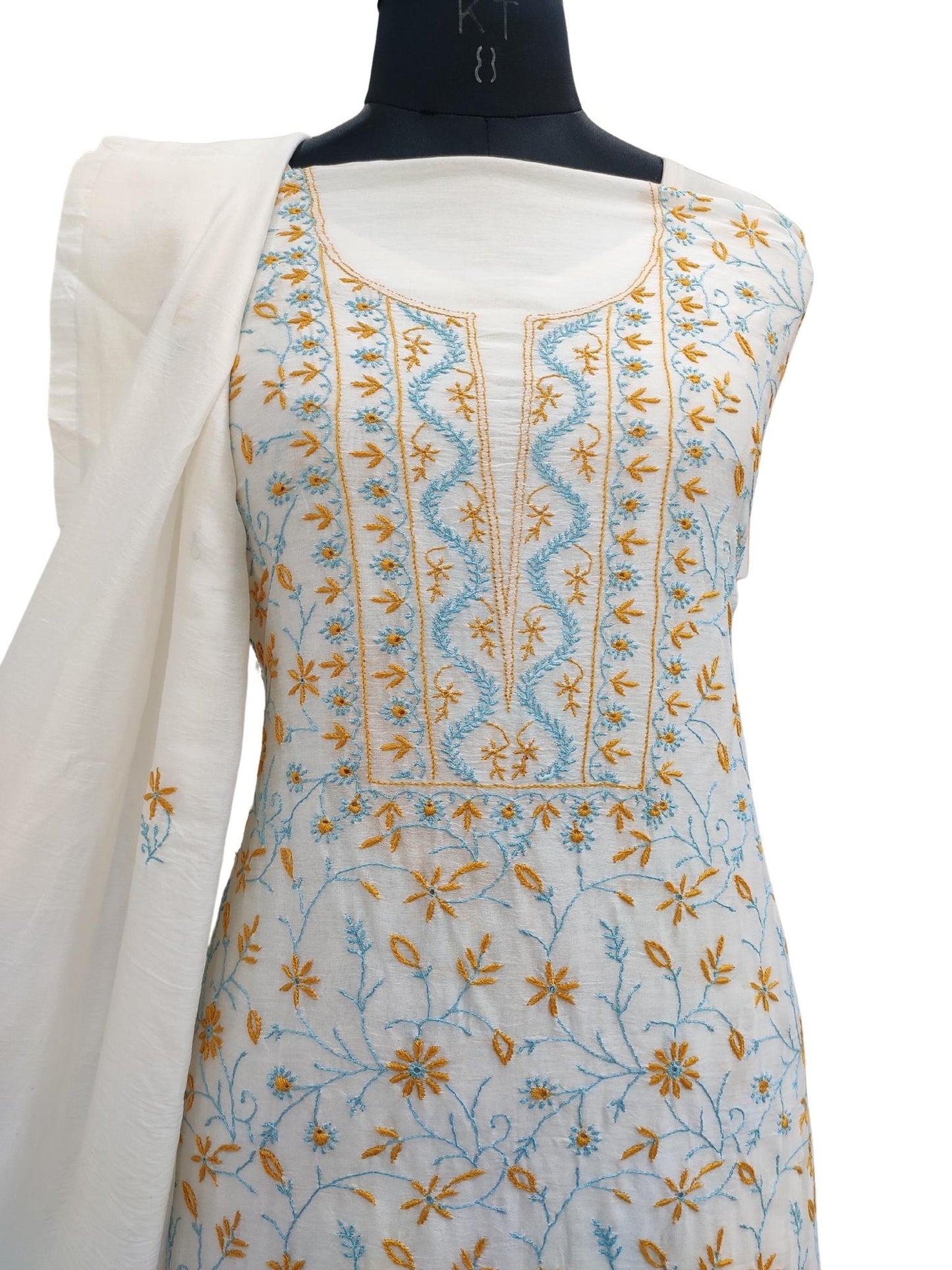 Shyamal Chikan Hand Embroidered White Chanderi Silk Lucknowi Chikankari Unstitched Suit Piece ( Kurta Dupatta Set ) - S20925