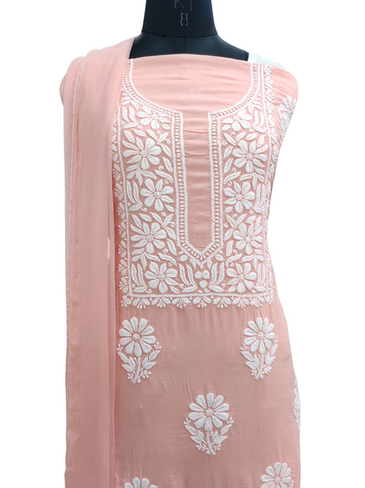 Shyamal Chikan Hand Embroidered Peach Modal Lucknowi Chikankari Unstitched Suit Piece - S25263