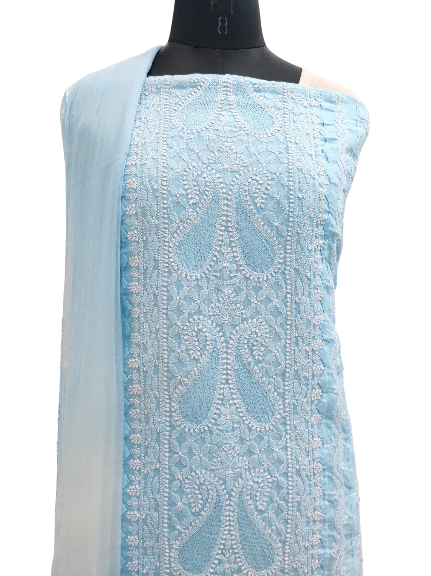 Shyamal Chikan Hand Embroidered Blue Cotton Lucknowi Chikankari Unstitched Suit Piece With Jaali and Daraz Work Work - S21503
