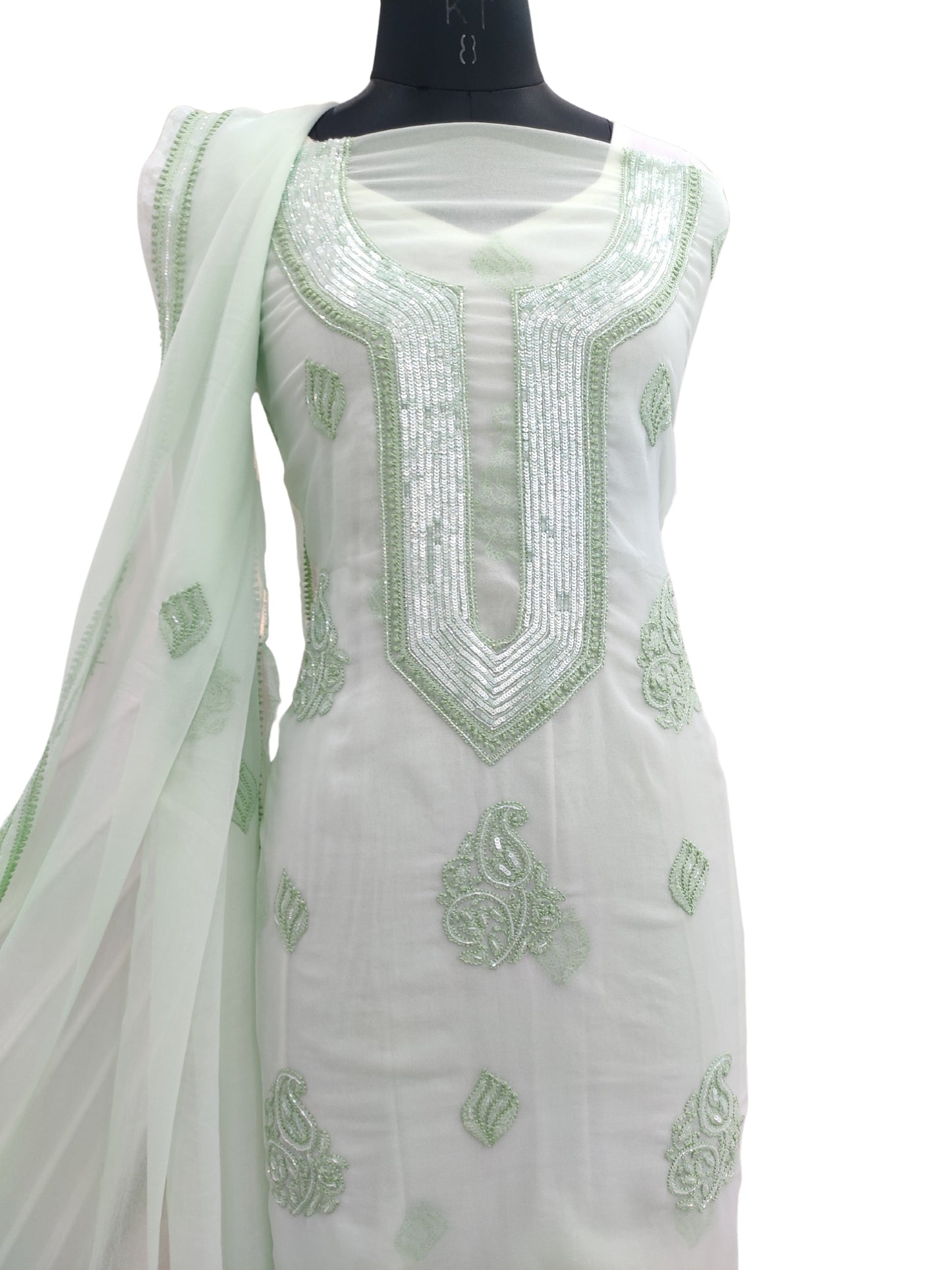 Shyamal Chikan Hand Embroidered Green Georgette Lucknowi Chikankari Unstitched Suit Piece With Cutdana & Sequin Work - S24378