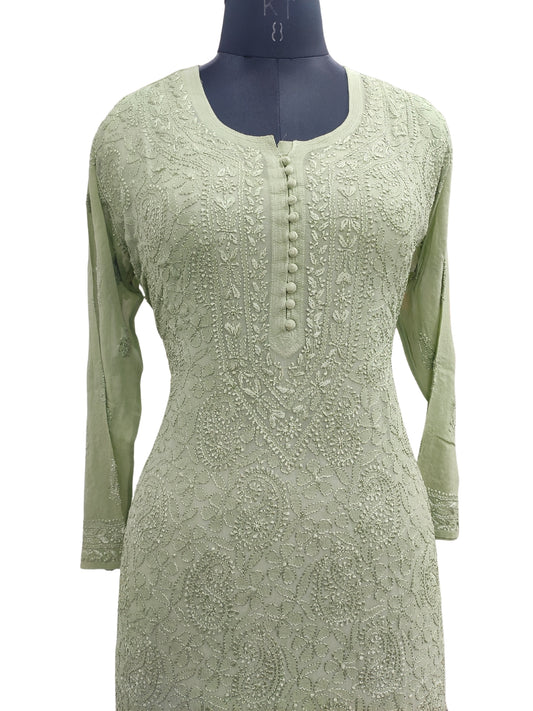 Shyamal Chikan Hand Embroidered Green Viscose Georgette Lucknowi Chikankari Kurti - S23027