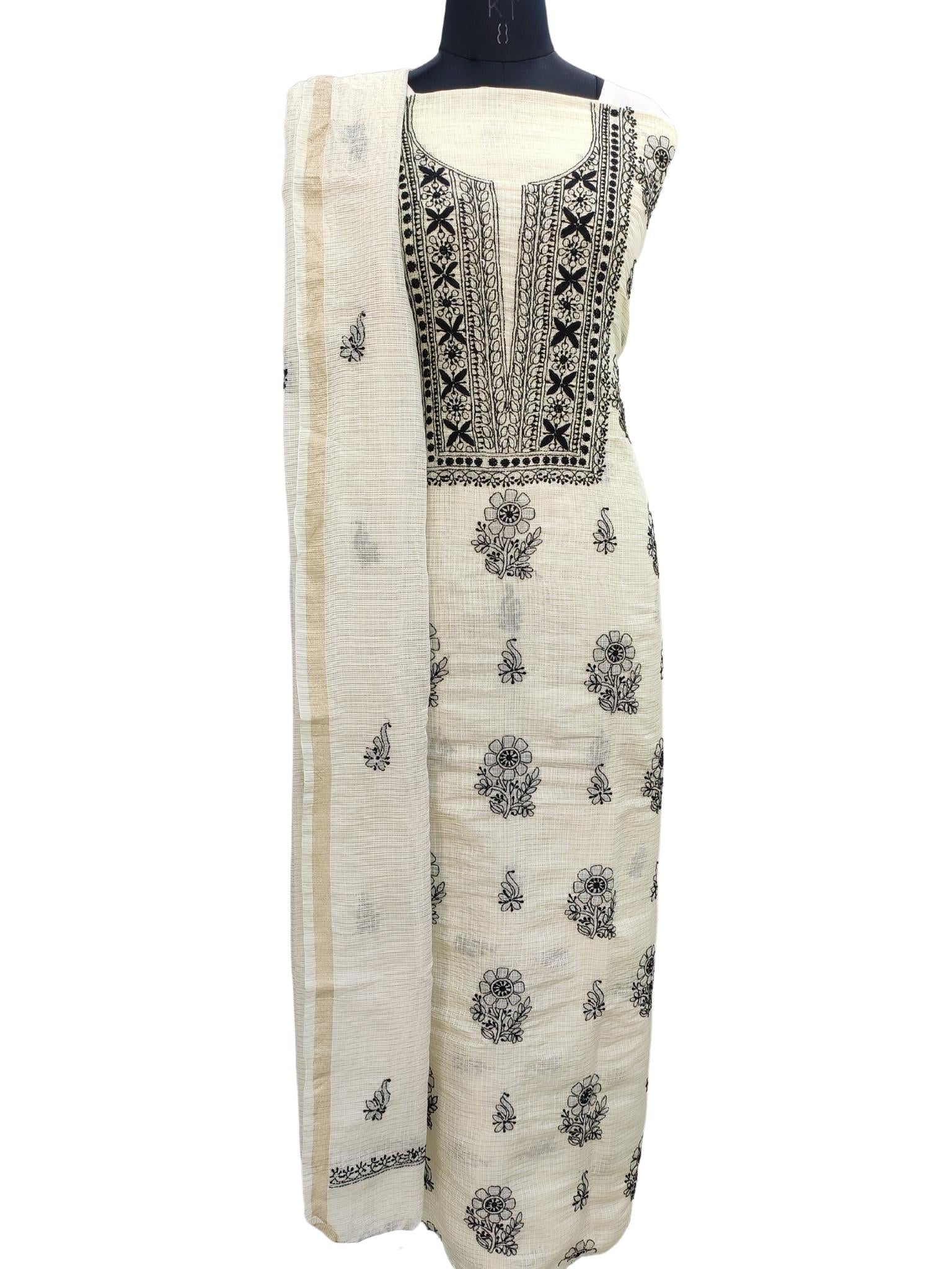Shyamal Chikan Hand Embroidered Fawn Tissue Kota Cotton Lucknowi Chikankari Unstitched Suit Piece ( Set of 2 ) - S20799