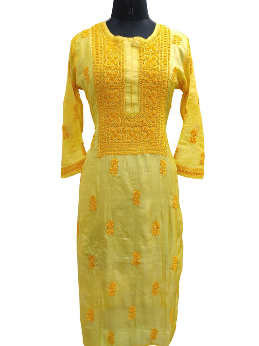 Shyamal Chikan Hand Embroidered Yellow Pure Tusser Silk Lucknowi Chikankari Kurti- S21726