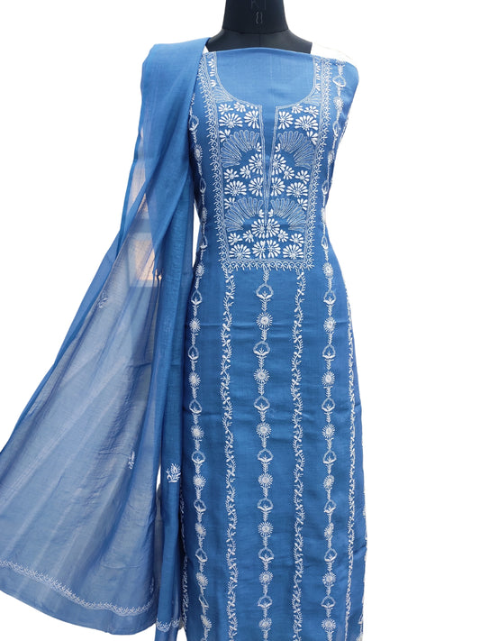 Shyamal Chikan Hand Embroidered Peacock Blue Mul Chanderi Lucknowi Chikankari Unstitched Suit Piece (Kurta Dupatta Set) - S22724