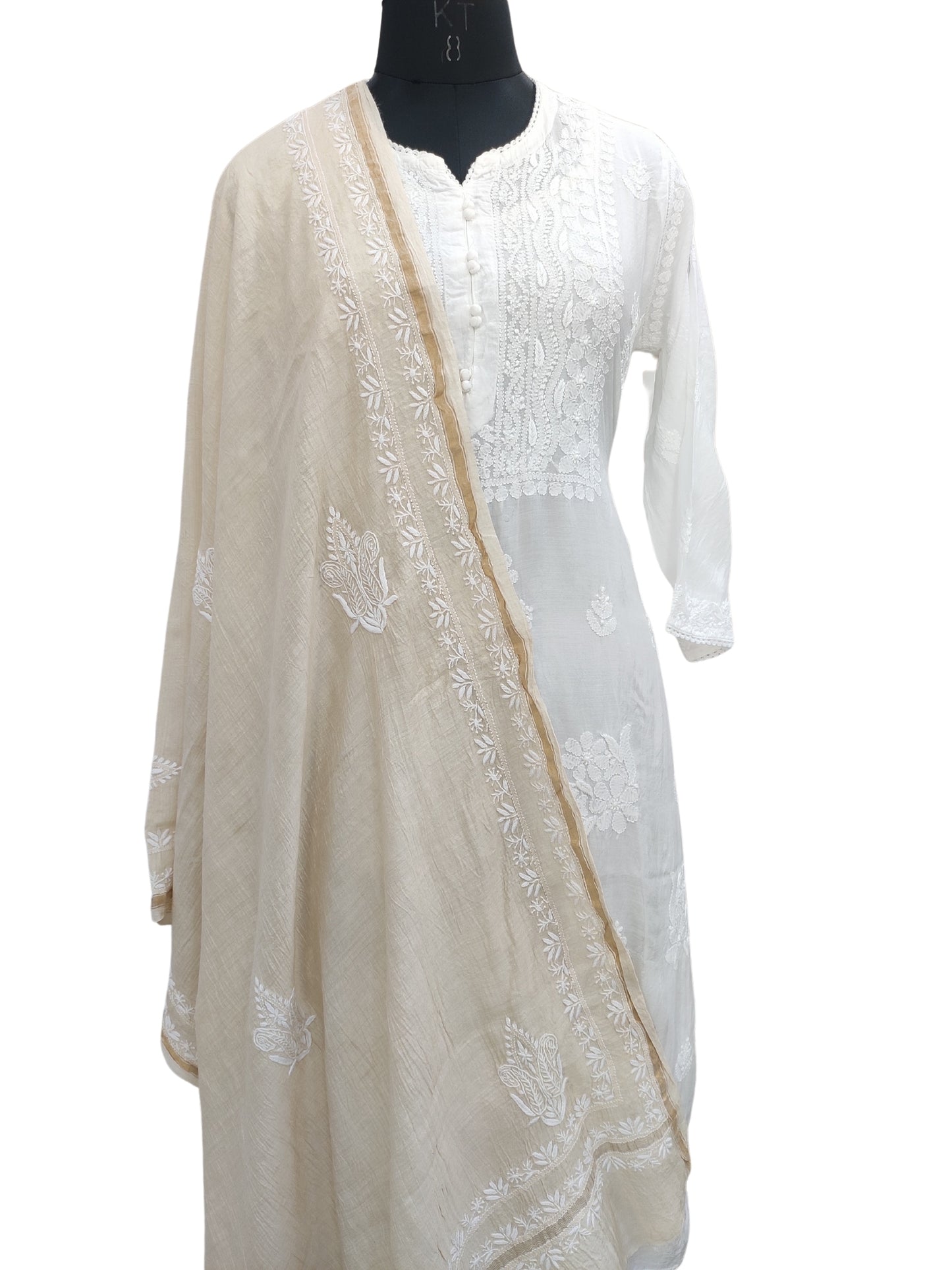 Shyamal Chikan Hand Embroidered Beige Monga Silk Lucknowi Chikankari Dupatta - S23196