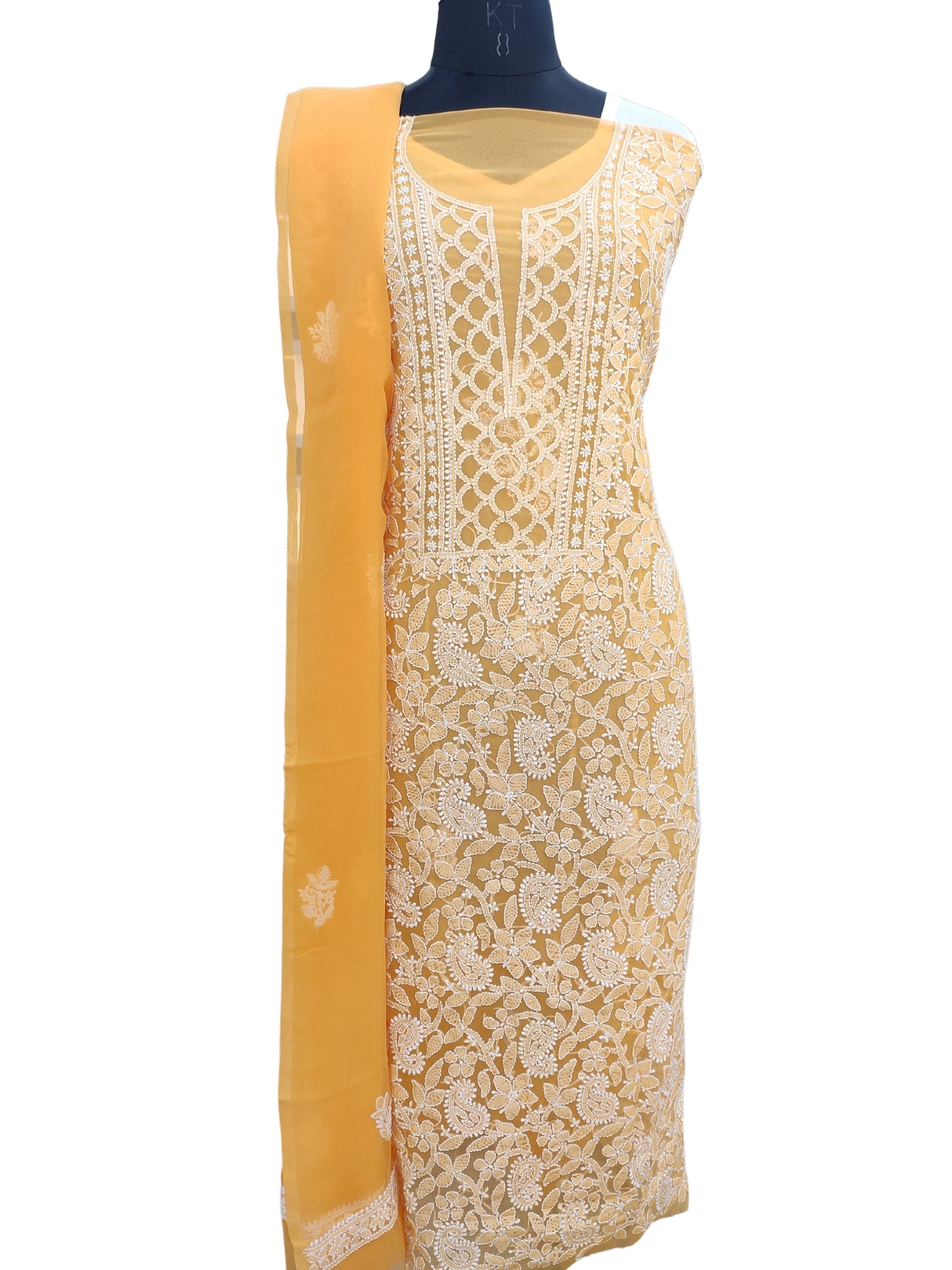 Shyamal Chikan Hand Embroidered Yellow Georgette Lucknowi Chikankari Unstitched Suit Piece - 24042