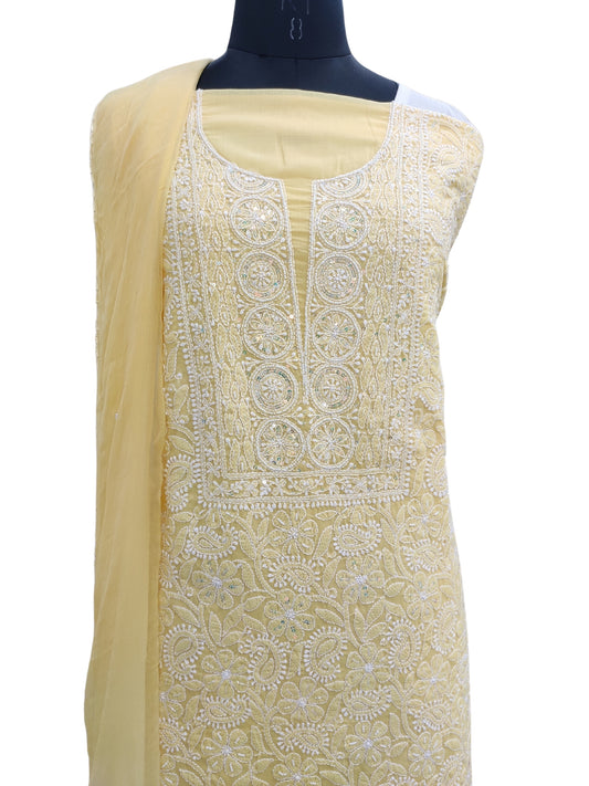 Shyamal Chikan Hand Embroidered Yellow Cotton Lucknowi Chikankari Unstitched Suit Piece With Pearl Sequin & Cutdana Work - S24316