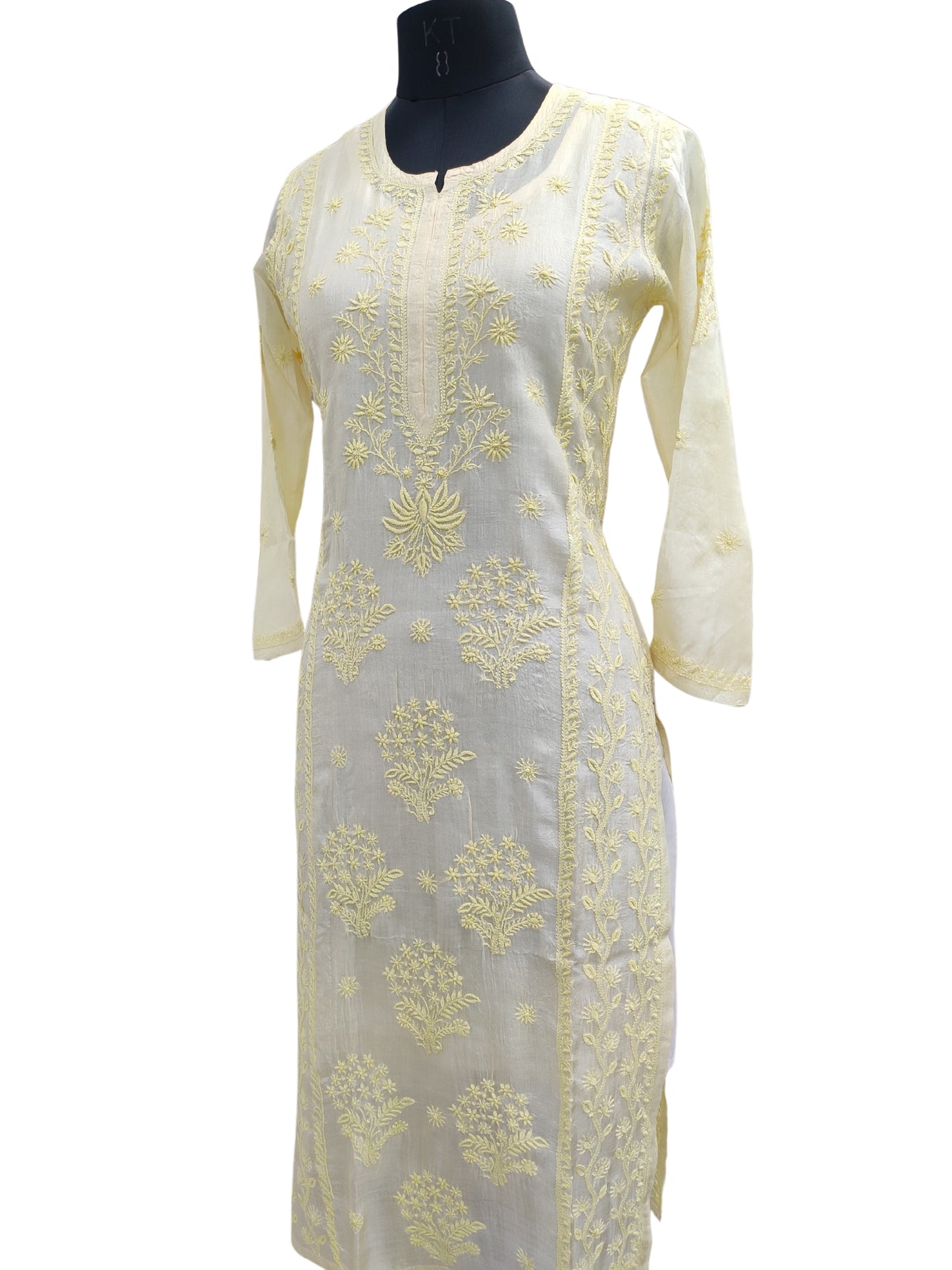 Shyamal Chikan Hand Embroidered Yellow Pure Tusser Silk Lucknowi Chikankari Kurti- S25563