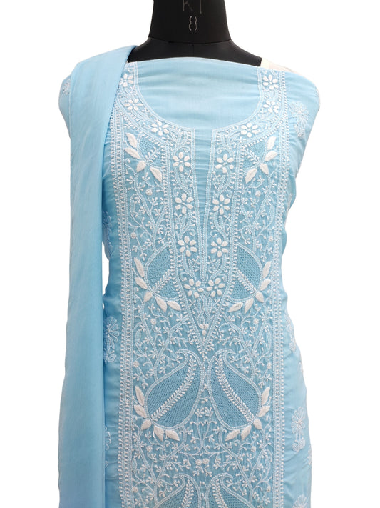 Shyamal Chikan Hand Embroidered Blue Cotton Lucknowi Chikankari Unstitched Suit Piece With Jaali Work- S22219