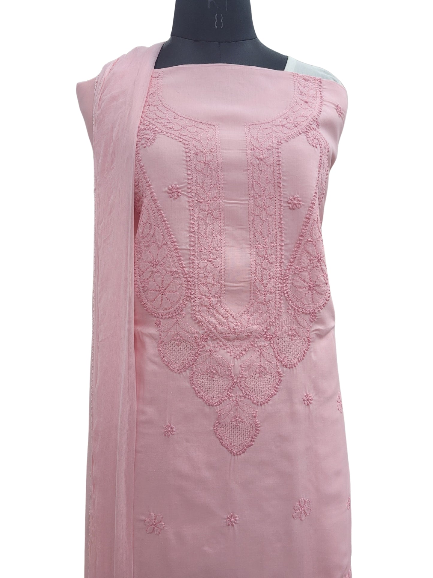 Shyamal Chikan Hand Embroidered Pink Cotton Lucknowi Chikankari Unstitched Suit Piece With Jaali Work - S25024