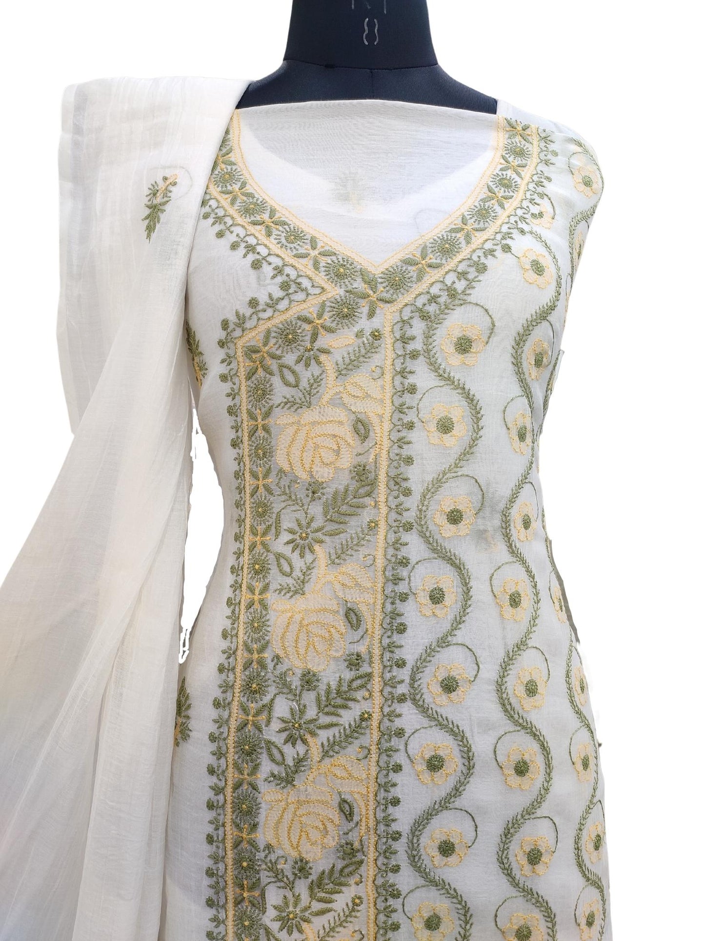 Shyamal Chikan Hand Embroidered White Mul Chanderi Lucknowi Chikankari Unstitched Angrakha Style Suit Piece (Kurta Dupatta Set) - S20973