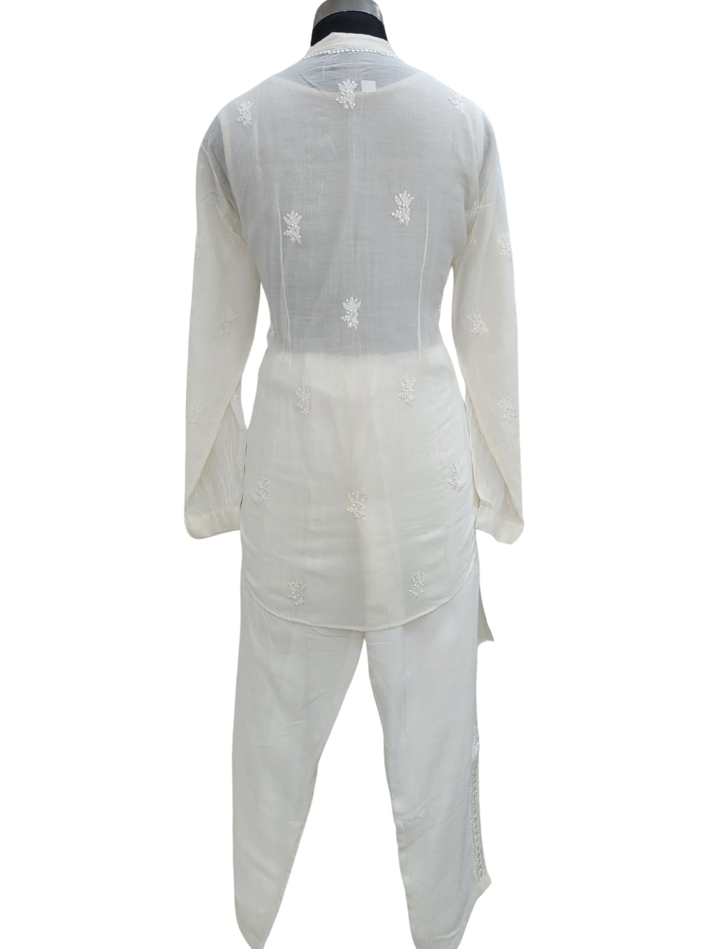 Shyamal Chikan Hand Embroidered White Mul Chanderi Lucknowi Chikankari Shirt and Pant Set - S23943