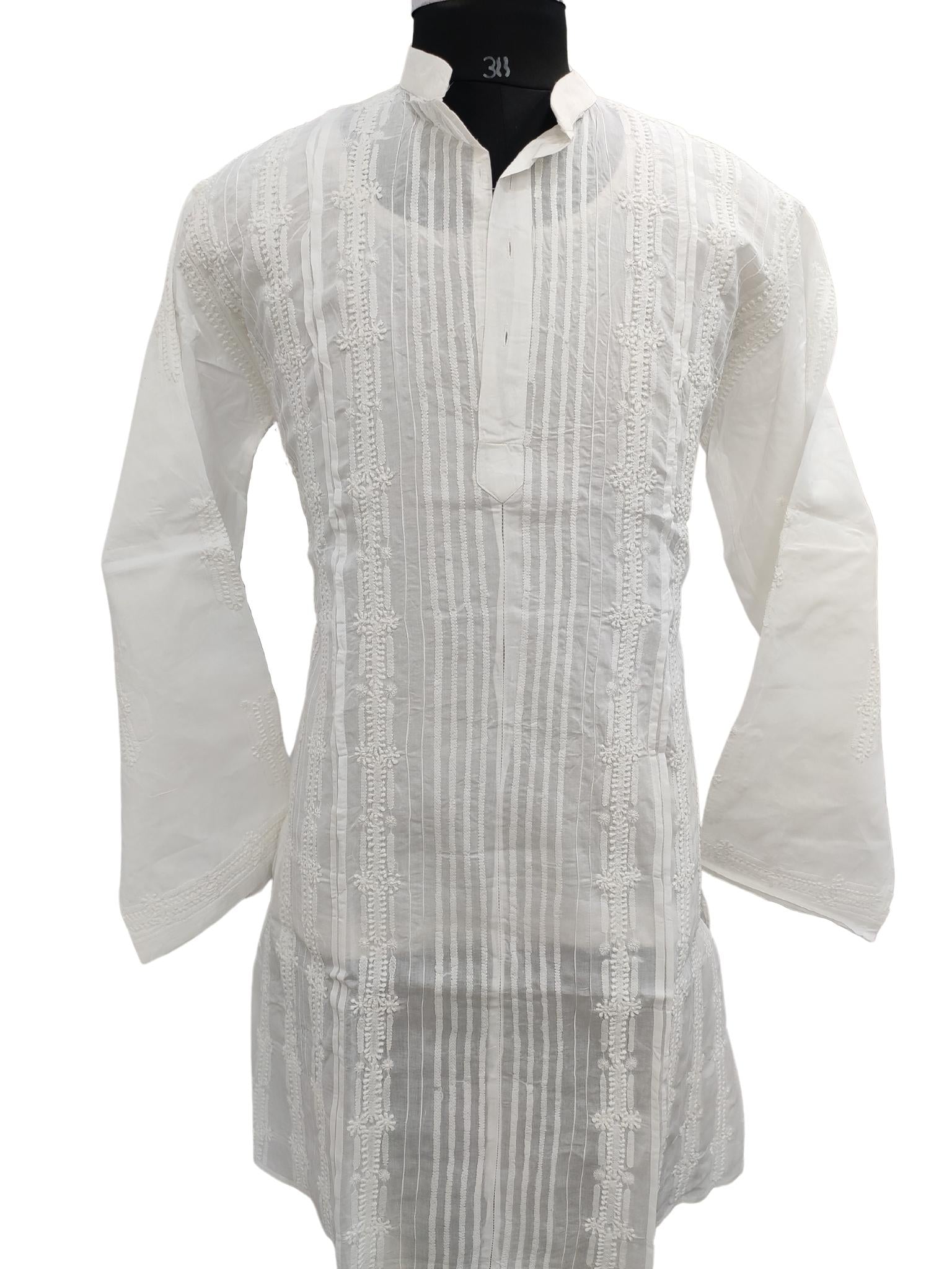 Shyamal Chikan Hand Embroidered White Cotton Lucknowi Chikankari Men's Kurta – S20124
