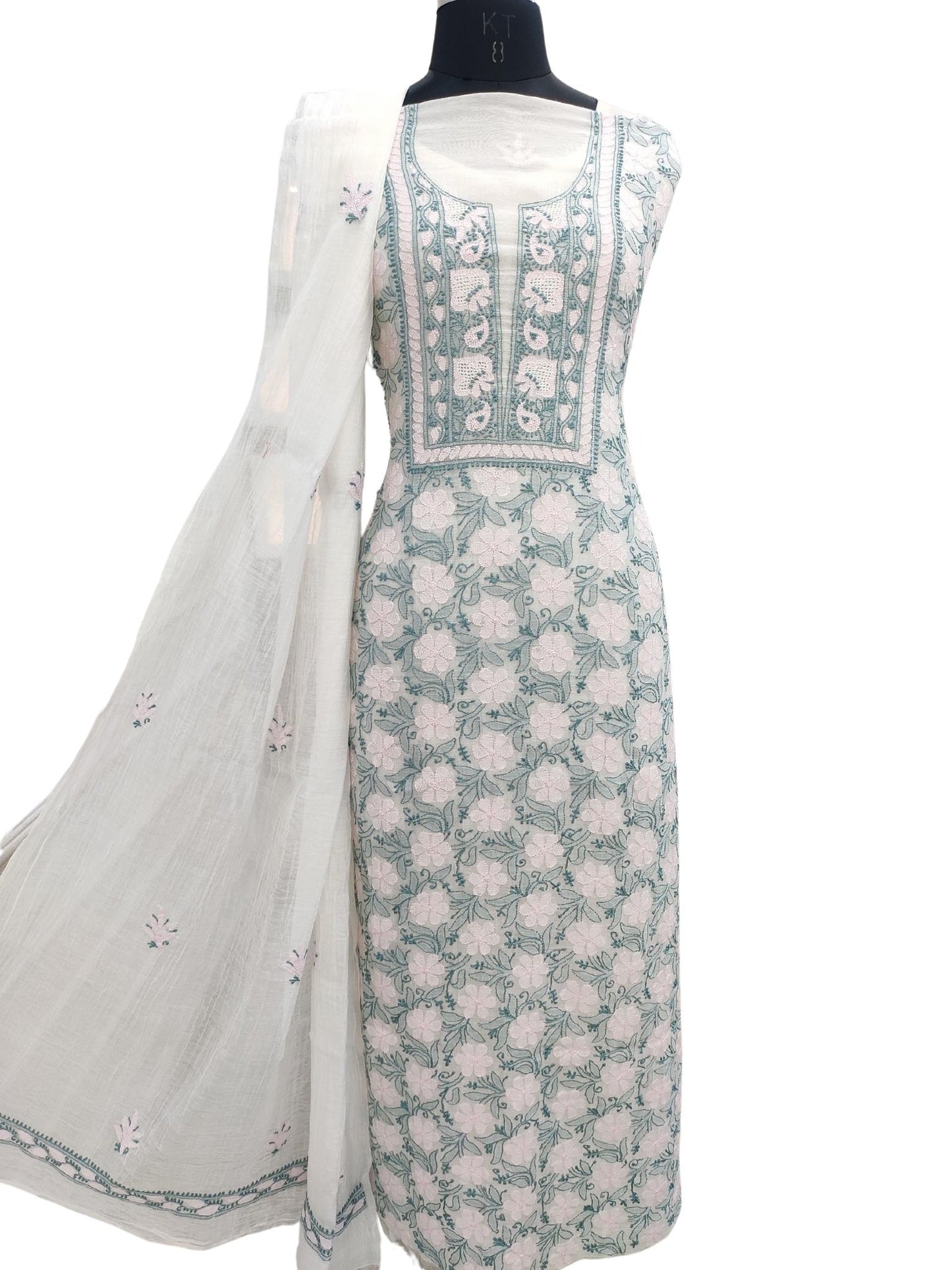 Shyamal Chikan Hand Embroidered White Mul Chanderi Lucknowi Chikankari Unstitched Suit Piece (Set of 2) - S20895