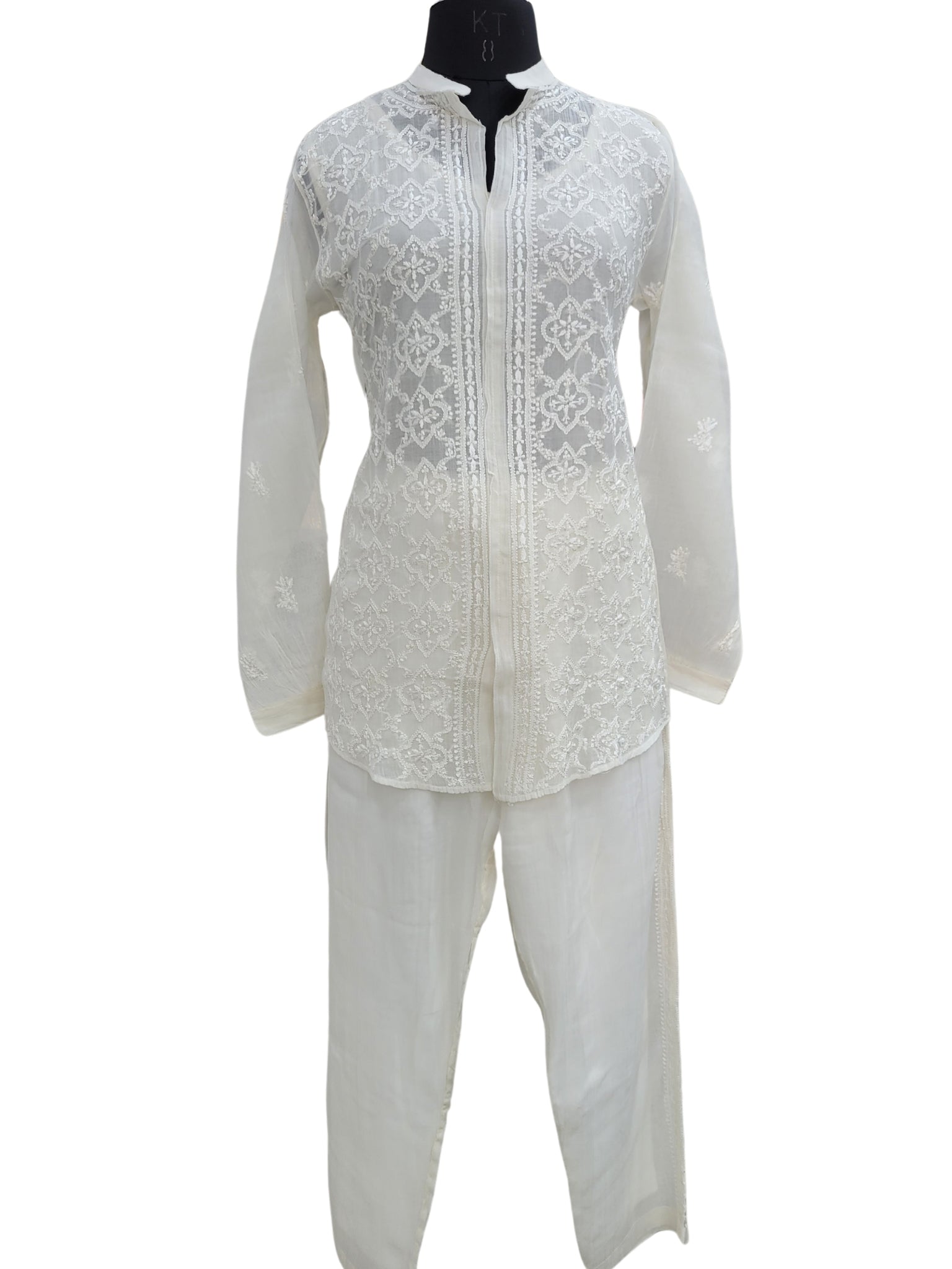 Shyamal Chikan Hand Embroidered White Mul Chanderi Lucknowi Chikankari Shirt and Pant Set - S24253