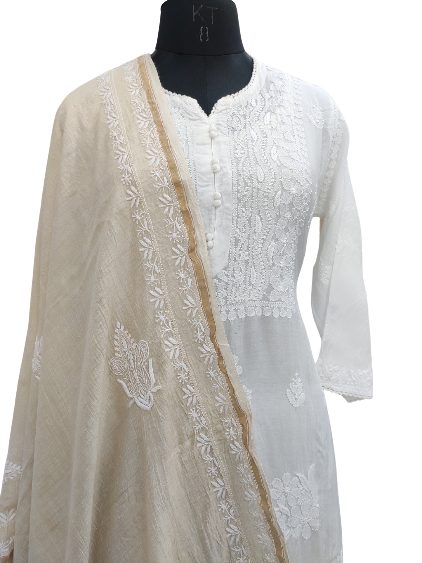 Shyamal Chikan Hand Embroidered Beige Monga Silk Lucknowi Chikankari Dupatta - S23196