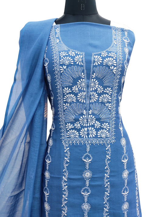 Shyamal Chikan Hand Embroidered Peacock Blue Mul Chanderi Lucknowi Chikankari Unstitched Suit Piece (Kurta Dupatta Set) - S22724