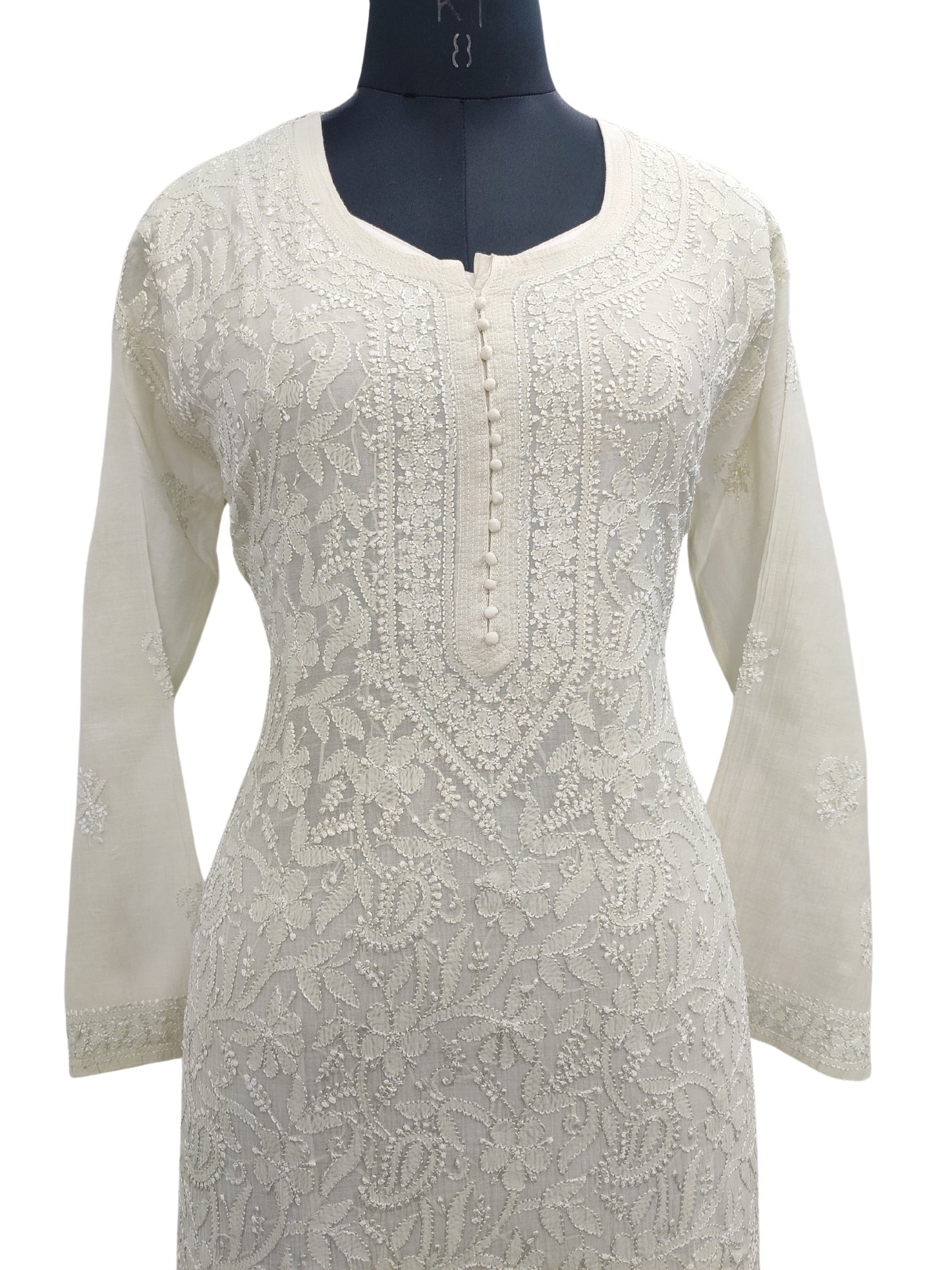 Shyamal Chikan Hand Embroidered Green Mul Chanderi Lucknowi Chikankari Kurti - S22145