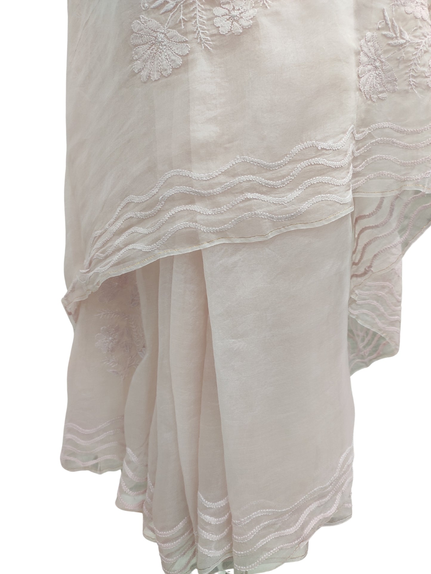 Shyamal Chikan Hand Embroidered Peach Pure Organza Lucknowi Chikankari Saree With Blouse Piece  - 23548