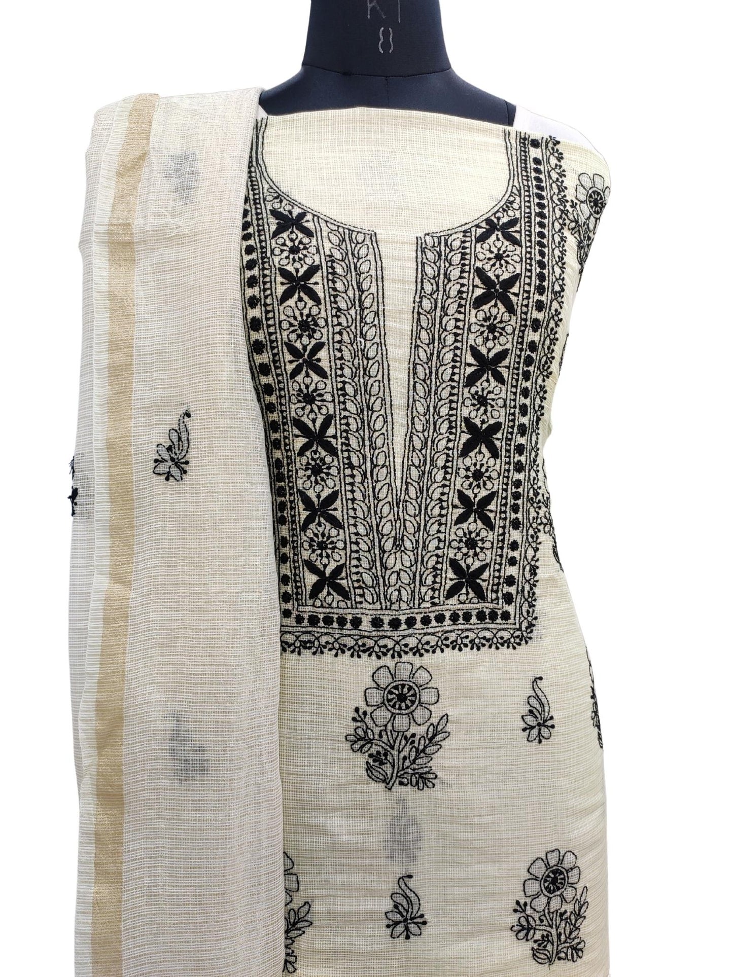 Shyamal Chikan Hand Embroidered Fawn Tissue Kota Cotton Lucknowi Chikankari Unstitched Suit Piece  ( Kurta Dupatta Set ) - S20799