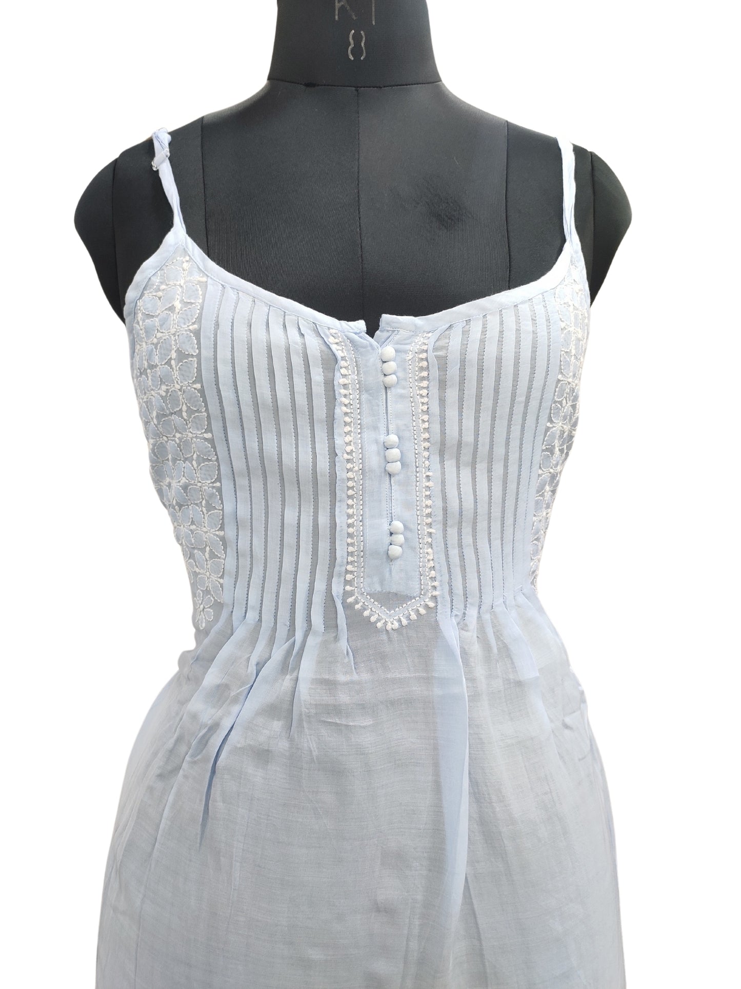 Shyamal Chikan Hand Embroidered Blue Muslin Noodle Strap Lucknowi Chikankari Short Top - S24851