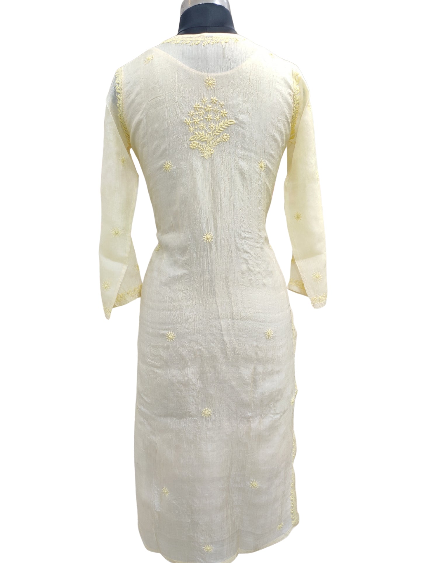 Shyamal Chikan Hand Embroidered Yellow Pure Tusser Silk Lucknowi Chikankari Kurti- S25563