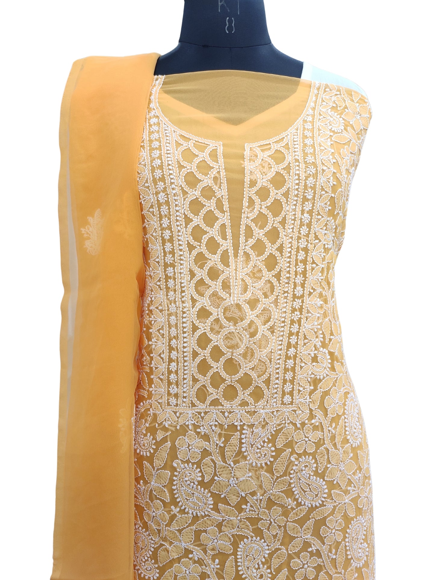 Shyamal Chikan Hand Embroidered Yellow Georgette Lucknowi Chikankari Unstitched Suit Piece - 24042