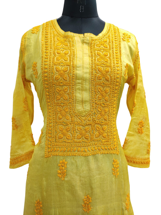 Shyamal Chikan Hand Embroidered Yellow Pure Tusser Silk Lucknowi Chikankari Kurti- S21726