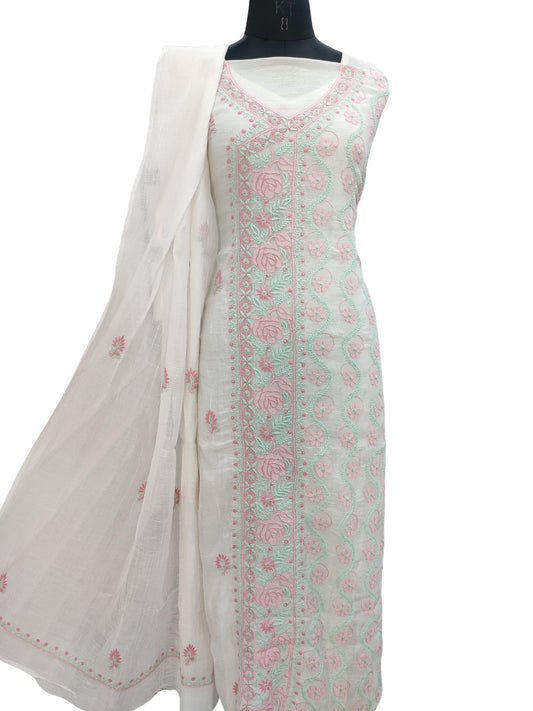 Shyamal Chikan Hand Embroidered White Mulmul Chanderi Lucknowi Chikankari Unstitched Suit Piece ( Kurta Dupatta Set ) - S20971