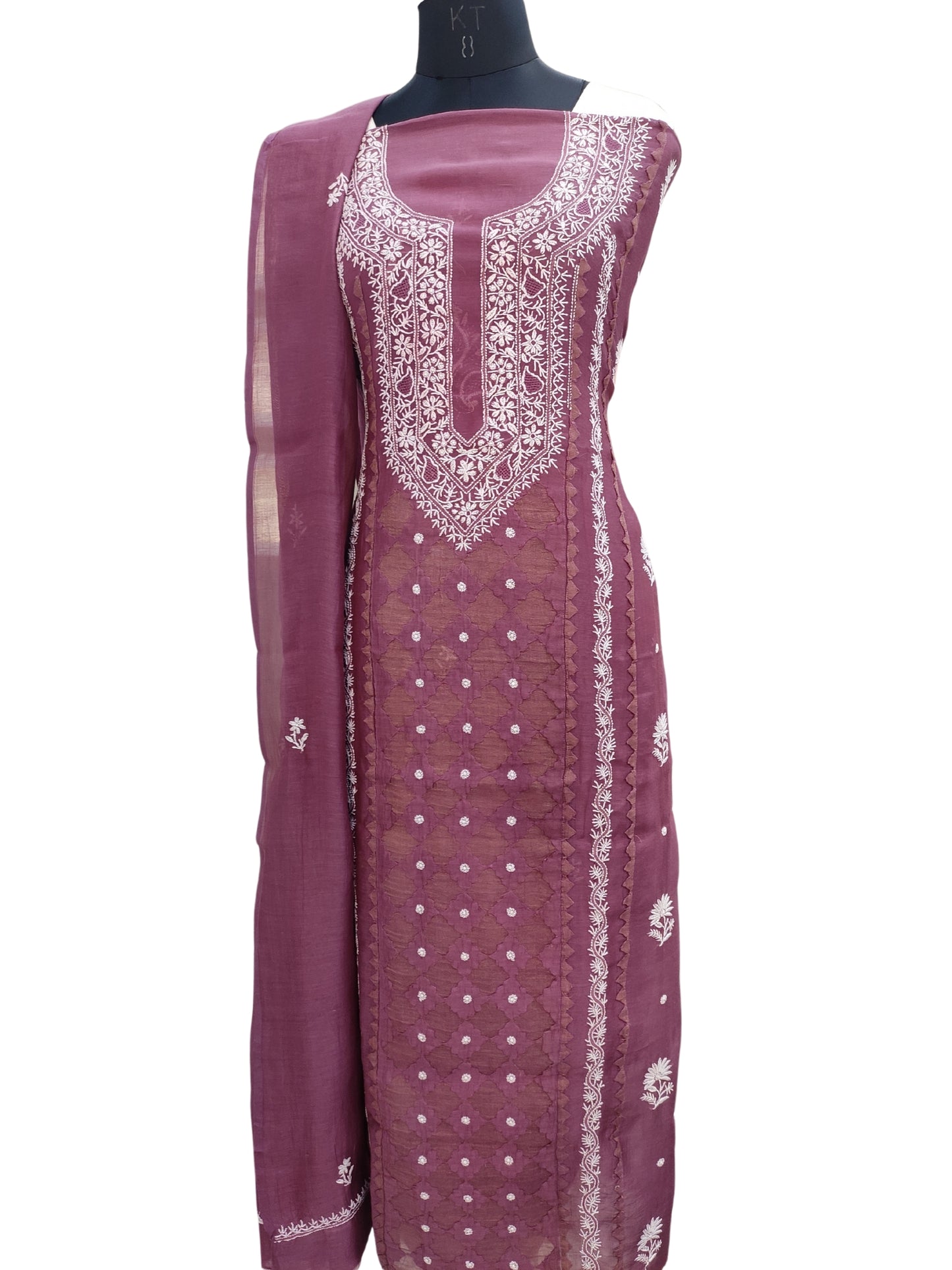 Shyamal Chikan Hand Embroidered Wine Mul Chanderi Lucknowi Chikankari Unstitched Suit Piece With Daraz Work (Kurta Dupatta Set) - S24349