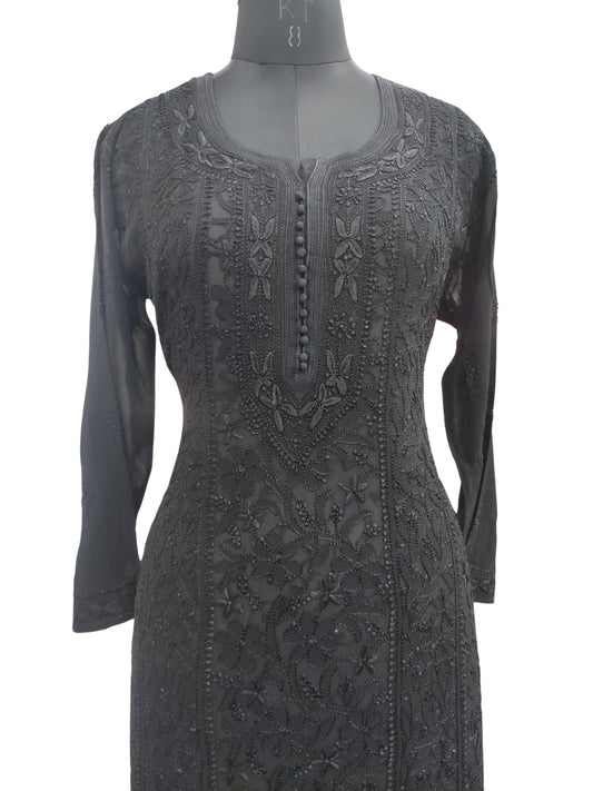 Shyamal Chikan Hand Embroidered Black Viscose Georgette Lucknowi Chikankari Kurti - S23026