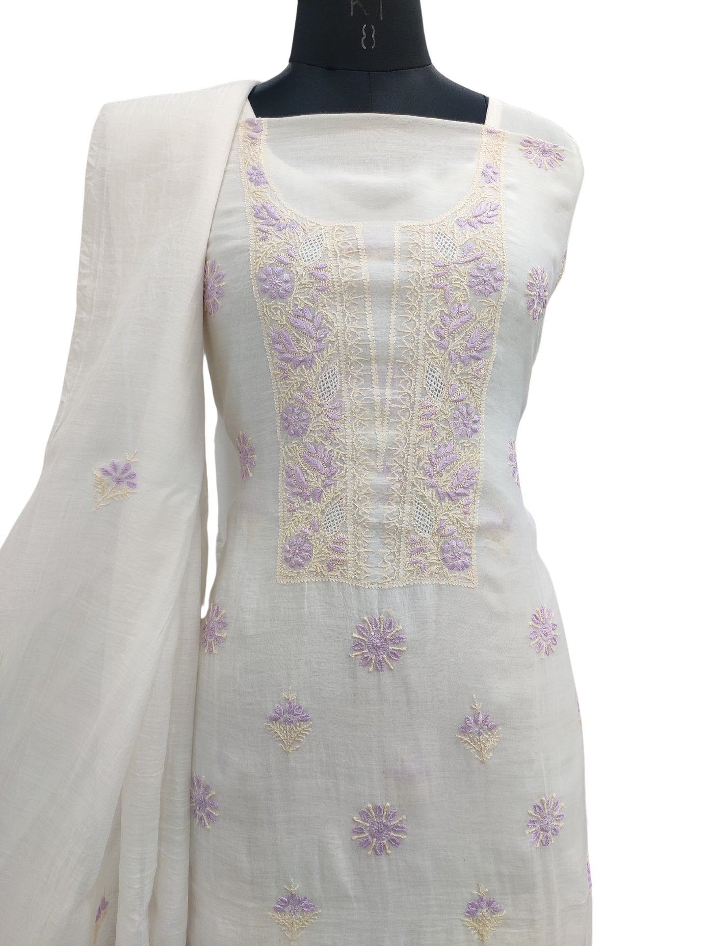 Shyamal Chikan Hand Embroidered White Mul Chanderi Lucknowi Chikankari Unstitched Suit Piece (Kurta Dupatta Set) - S22873