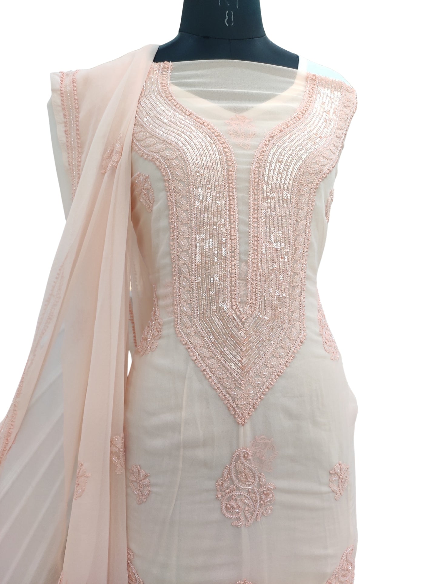 Shyamal Chikan Hand Embroidered Peach Georgette Lucknowi Chikankari Unstitched Suit Piece With Cutdana & Sequin Work - S24382